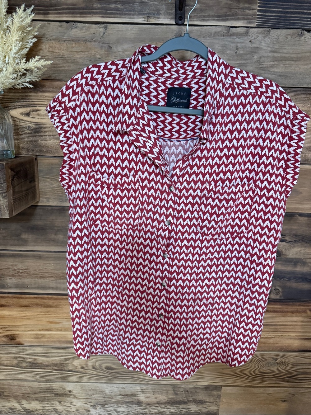 Jachs Girlfriend Red and White Chevron Button-Down Blouse